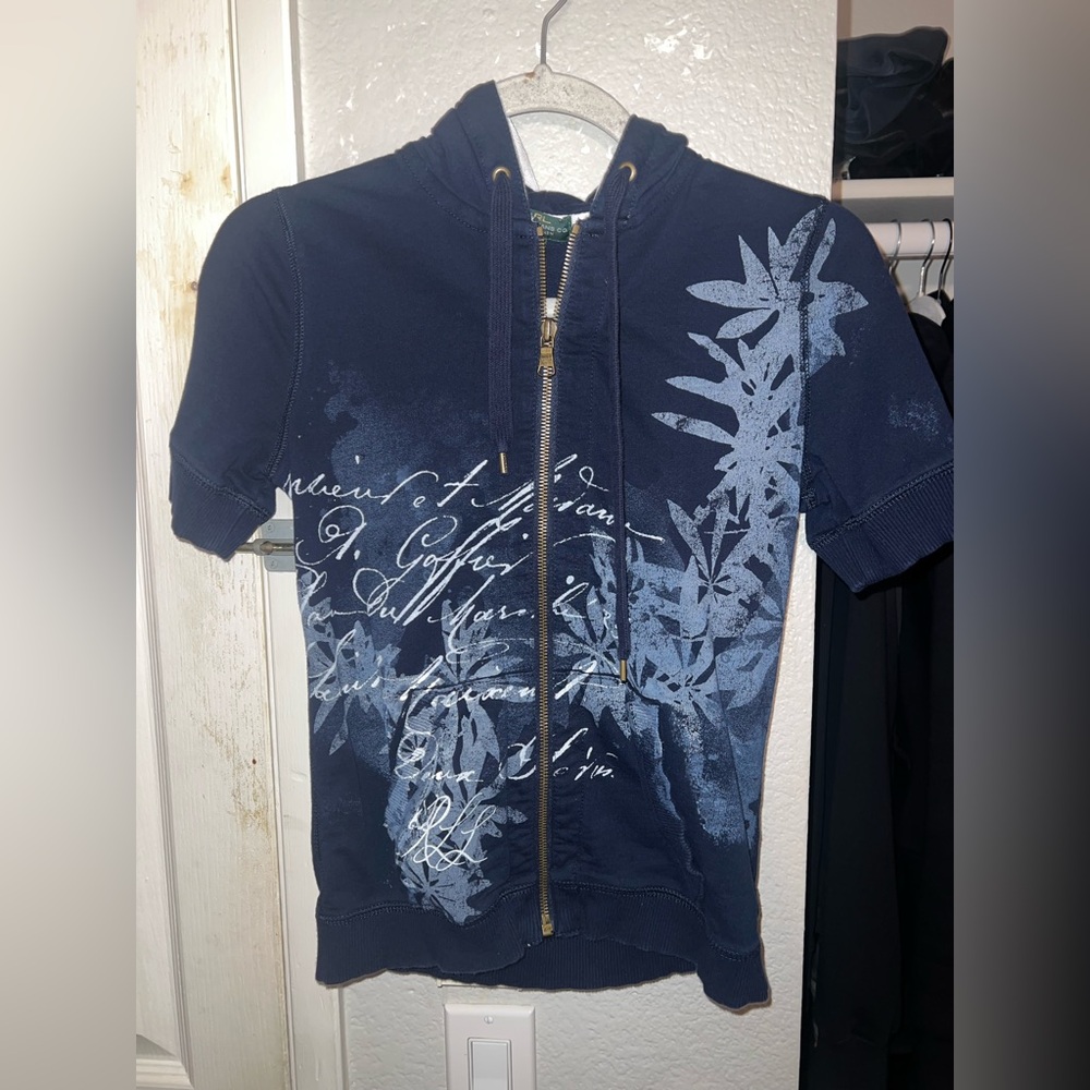 Lauren Ralph Lauren Petite Blue & Gold Short Sleeve Zip Up Hoodie